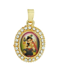 Picture of Colorful Baby Ganesh Pendant in Yellow Metal with Artificial Stones