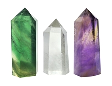Picture of Set of 3 Healing Crystal Wands of 3 Stones: Clear Quartz, Fluorite, Amethyst Pointed & Faceted Prism Bars for Reiki Chakra Meditation Therapy Decor